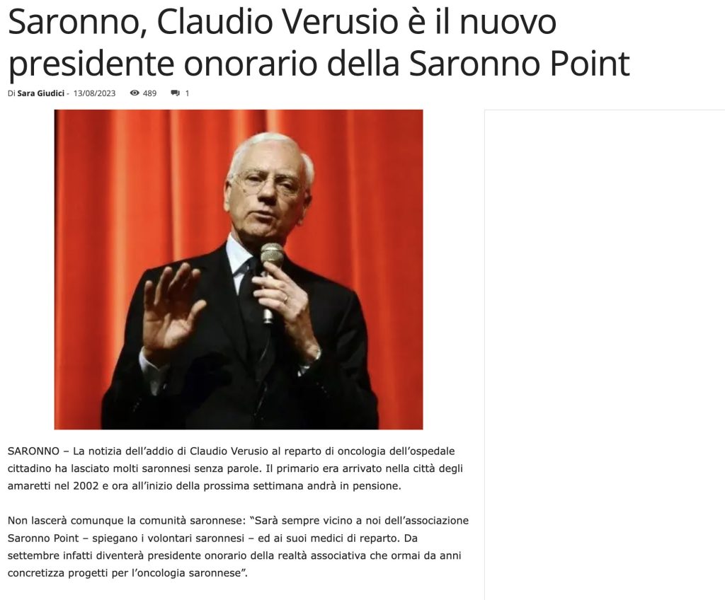 Claudio Verusio è il nuovo presidente onorario della Saronno Point