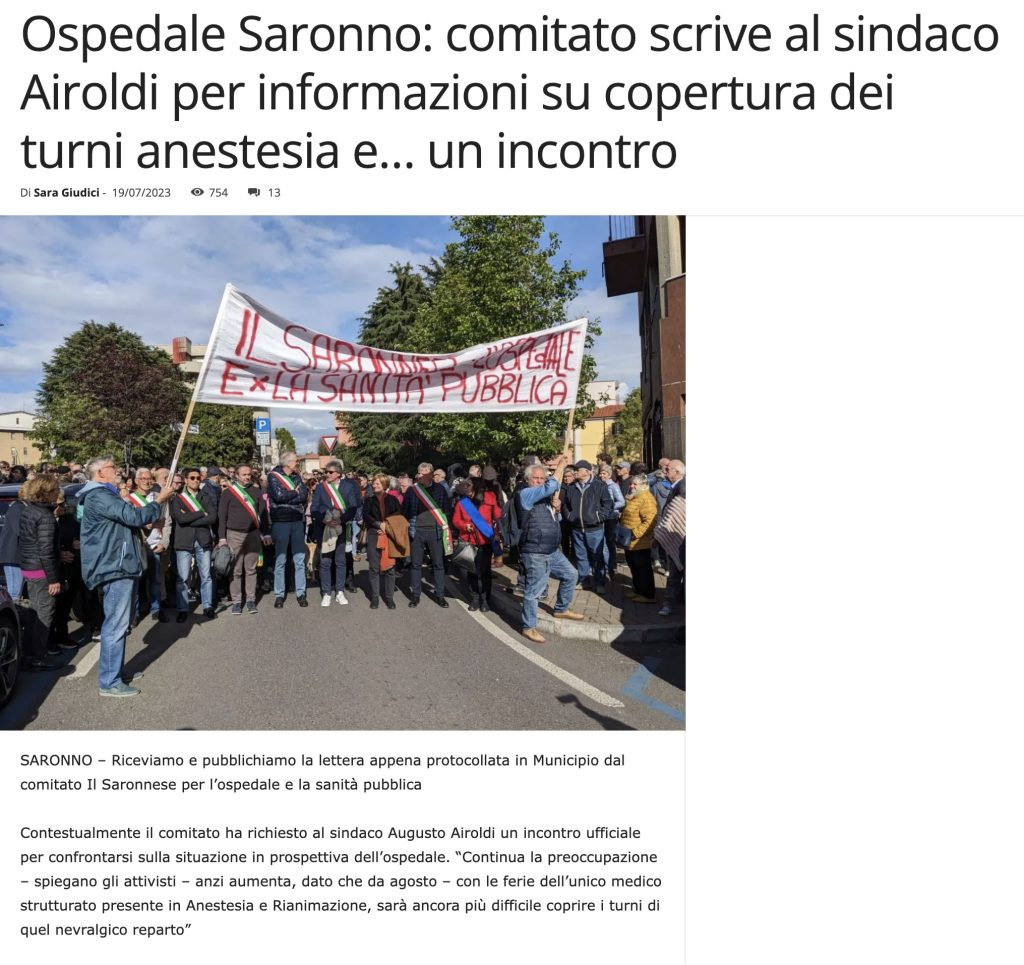 Ospedale Saronno: comitato scrive al sindaco Airoldi per informazioni su copertura dei turni anestesia e… un incontro